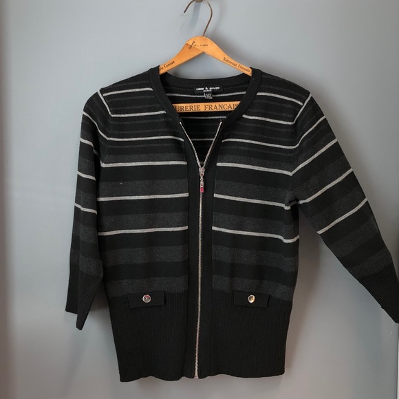 Ladies Zippered Cardigan, Black with Striping, Slim fit, Sz Lg Petite - Picture 1 of 11